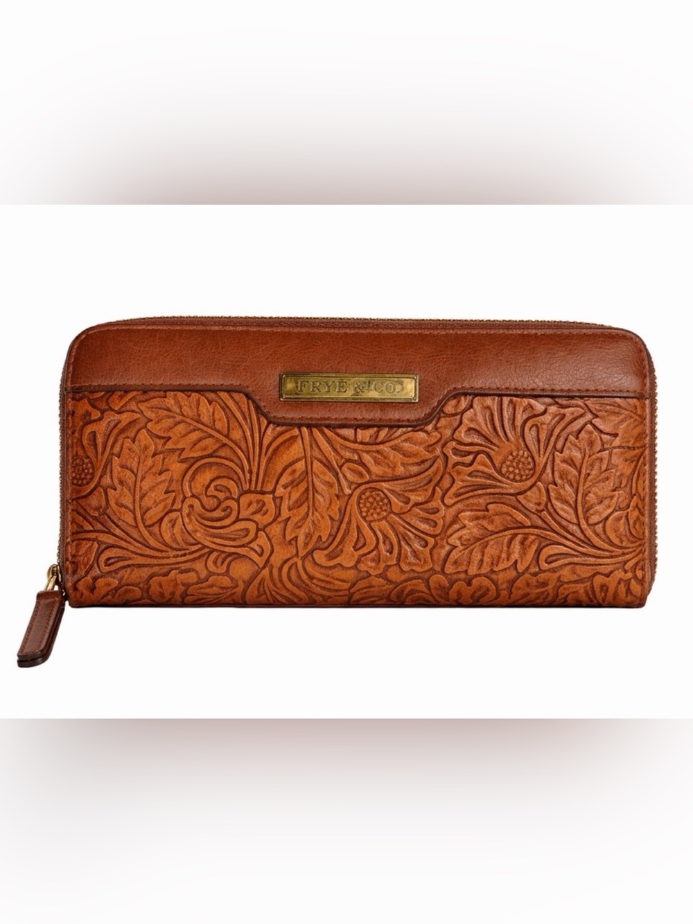 Frye & Co Tooled Leather Zip Around Wallet Brown Floral Western Boho